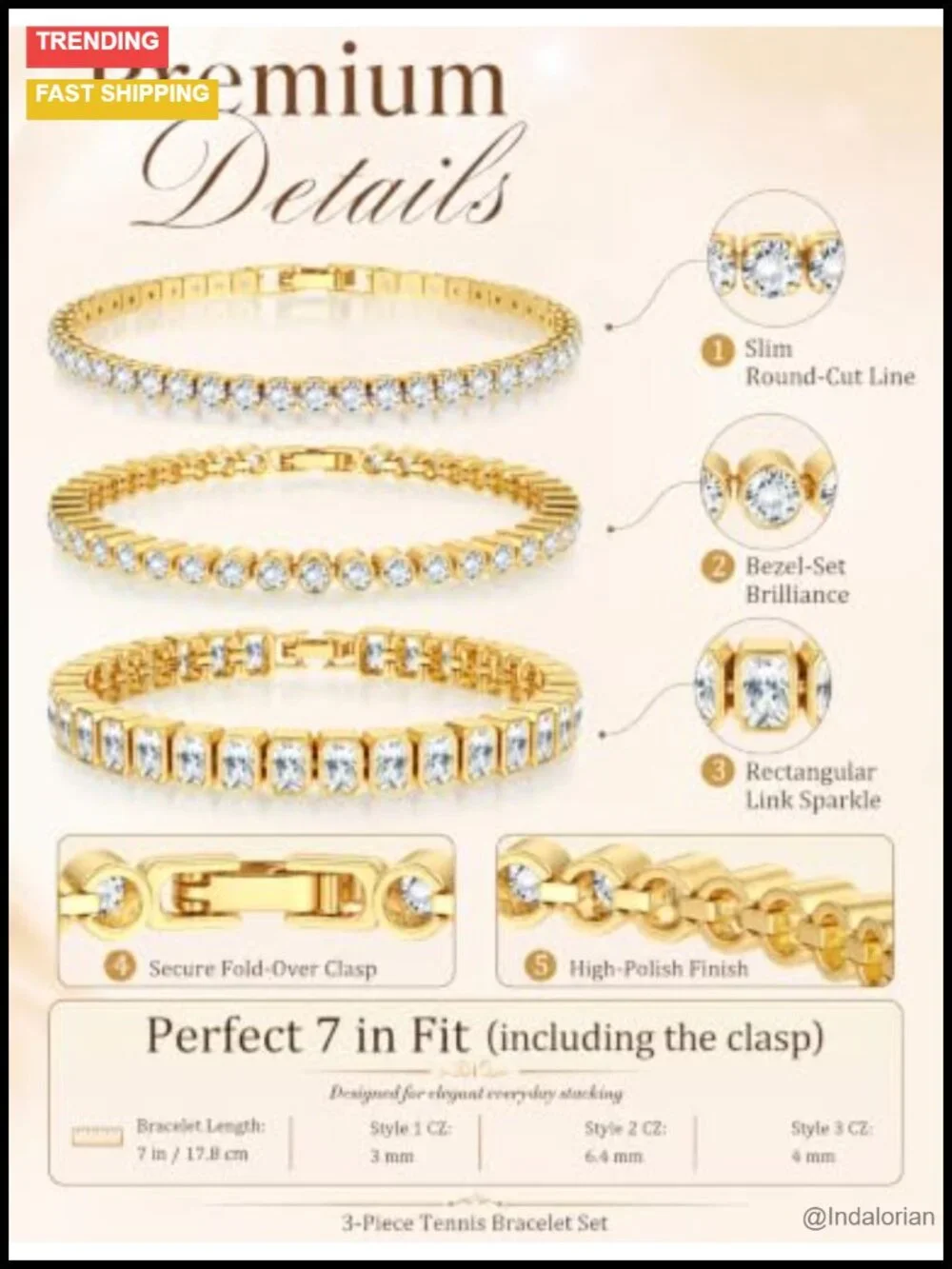 3PC CZ Tennis Bracelet Set Stackable 16K Gold Plated Adjustable Folding Buckle